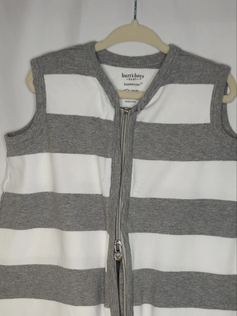 Sleeveless Gray and White Striped Sleep Sack - Size L  12-18M